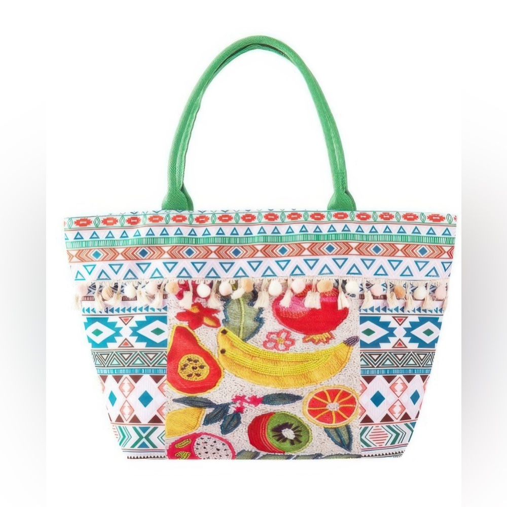 NWT BOUTIQUE_ Fruit Boho Print Pom Pom Fringe Tote Bag